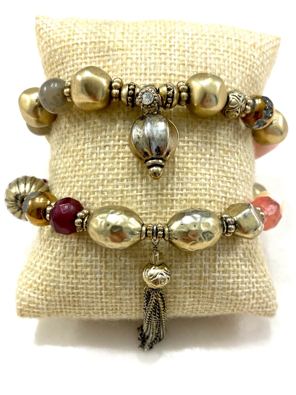 Gold-Tone Beaded Stretch Bracelet Set with Red Accent and Tassel
